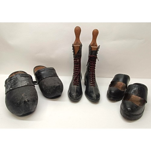 1 - A pair of clogs, another pair, a pair of Victorian style boots, with stretchers, and assorted textil... 