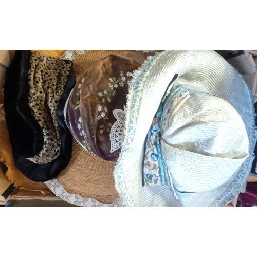 4 - A leather hatbox, an embroidered hat cover, decorated flowers, and assorted hats including a Jean-Ch... 