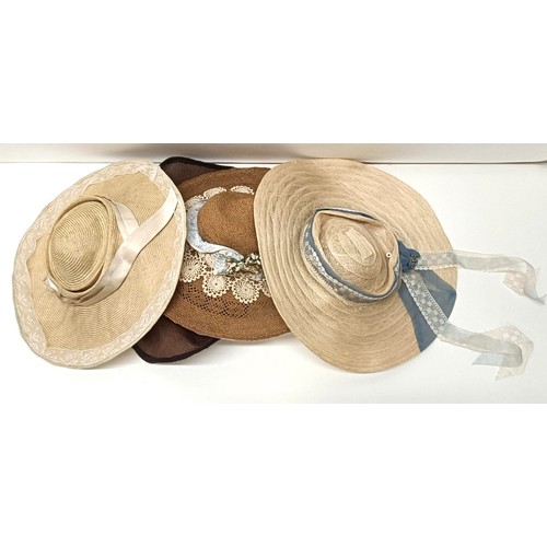 4 - A leather hatbox, an embroidered hat cover, decorated flowers, and assorted hats including a Jean-Ch... 