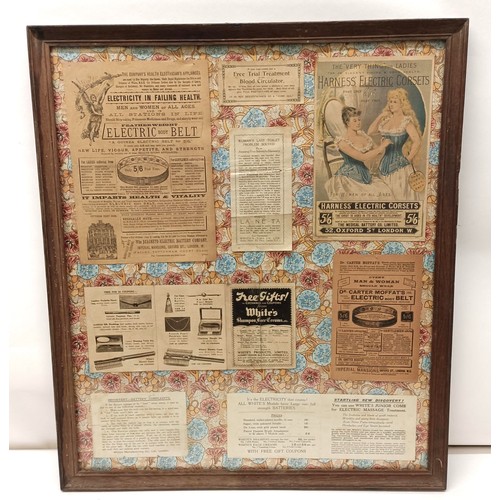 27 - Assorted sewing items, in a display box, and a framed group of early 20th century advertisements (2)... 