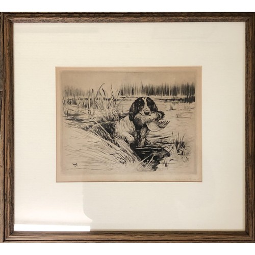 246 - Ruben Ward Binks, a spaniel and puppies, dry point etching, 12 x 14 cm, spaniel with a duck in its m... 