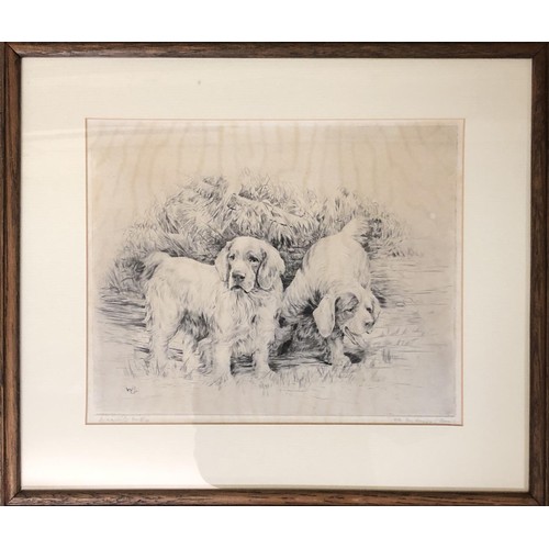 246 - Ruben Ward Binks, a spaniel and puppies, dry point etching, 12 x 14 cm, spaniel with a duck in its m... 