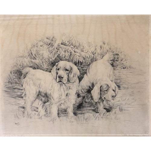 246 - Ruben Ward Binks, a spaniel and puppies, dry point etching, 12 x 14 cm, spaniel with a duck in its m... 