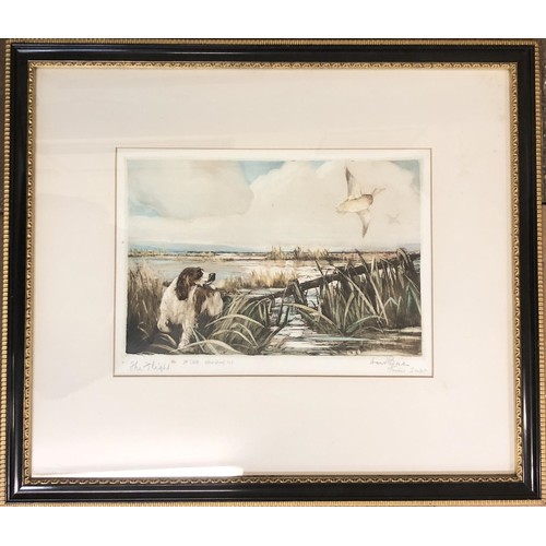 246 - Ruben Ward Binks, a spaniel and puppies, dry point etching, 12 x 14 cm, spaniel with a duck in its m... 