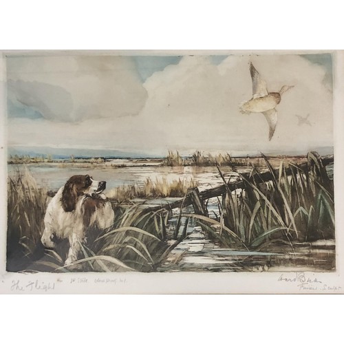 246 - Ruben Ward Binks, a spaniel and puppies, dry point etching, 12 x 14 cm, spaniel with a duck in its m... 