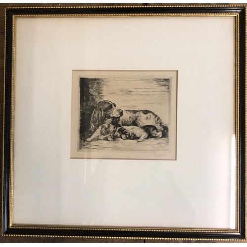 246 - Ruben Ward Binks, a spaniel and puppies, dry point etching, 12 x 14 cm, spaniel with a duck in its m... 