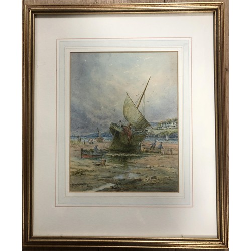 249 - R Macauley, a boat at low tide, 22 x 16 cm, and its pair (2)