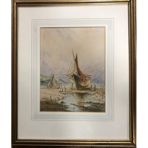 249 - R Macauley, a boat at low tide, 22 x 16 cm, and its pair (2)