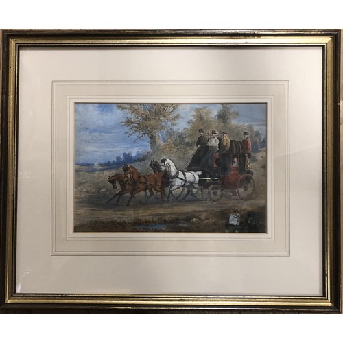 252 - 19th century, English school, the stagecoach, watercolour, 17 x 26 cm, label verso