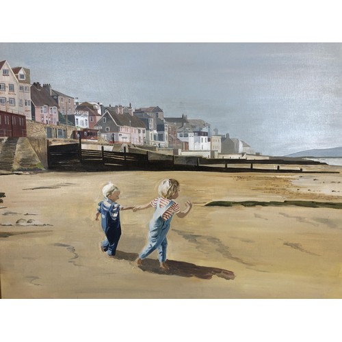 256 - Attributed to Anuk Naumann, Lyme Regis beach, with two children, oil on board, 50 x 60 cm, artists l... 