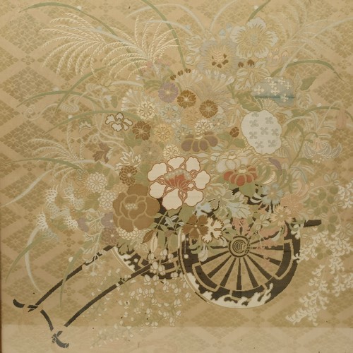 137 - A Japanese embroidered panel, decorated flowers and a cart, 60 x 58 cm, and an embroidered panel dec... 