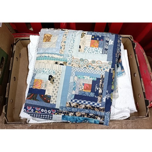 102 - A vintage patchwork quilt, and assorted other textiles (2 boxes)