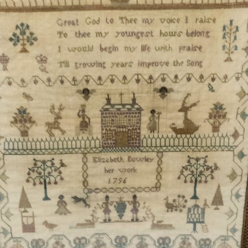 95 - A late 18th century sampler, worked by Elizabeth Bowley her work 1796, 43 x 30 cm