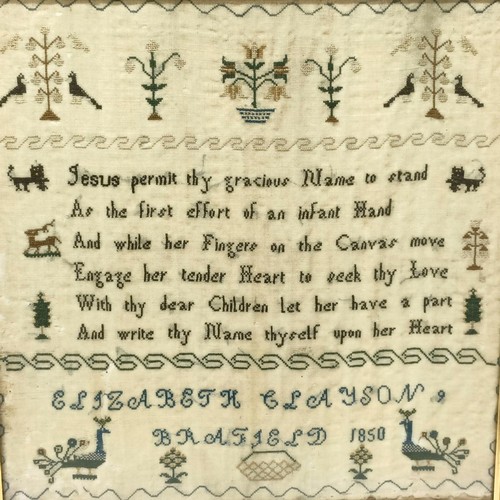 94 - A 19th century sampler, worked by Elizabeth Clayson, Brafield (sic), 1850, 30 x 30 cm, in a birdseye... 