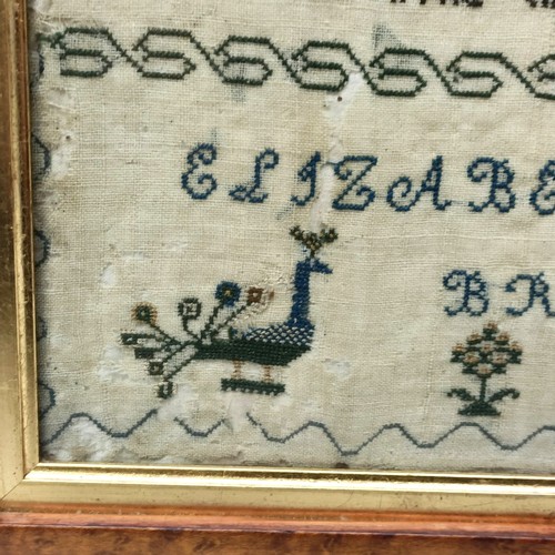 94 - A 19th century sampler, worked by Elizabeth Clayson, Brafield (sic), 1850, 30 x 30 cm, in a birdseye... 