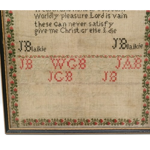 93 - A 19th century sampler, worked by Helen Blaikie aged 9 (?) years, incorporating Blaikie family initi... 