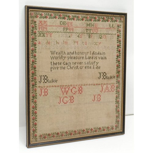 93 - A 19th century sampler, worked by Helen Blaikie aged 9 (?) years, incorporating Blaikie family initi... 