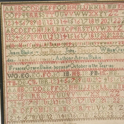 92 - An early 19th century sampler, the Blaikie family, incorporating their names, initials, and letters ... 