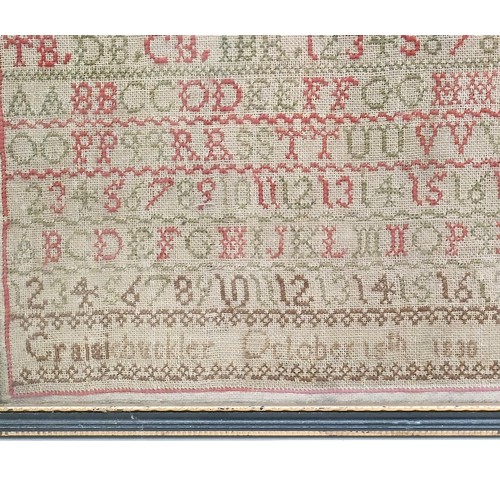 92 - An early 19th century sampler, the Blaikie family, incorporating their names, initials, and letters ... 