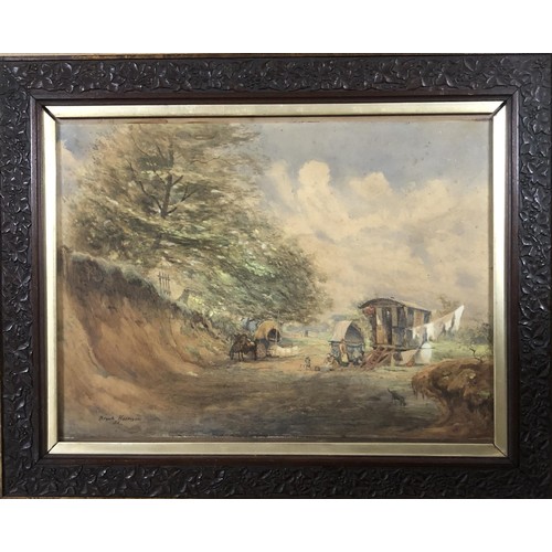 290 - Brank Harrison, a gypsey encampment, watercolour, signed and indisctictly dated, 36 x 49 cm