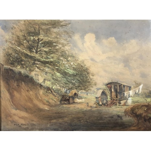 290 - Brank Harrison, a gypsey encampment, watercolour, signed and indisctictly dated, 36 x 49 cm