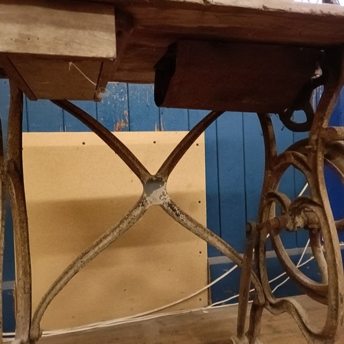 88 - A R Maquaire 2 sewing machine, on an iron treadle base, barn stored, 63 cm wide Provenance:  A singl... 