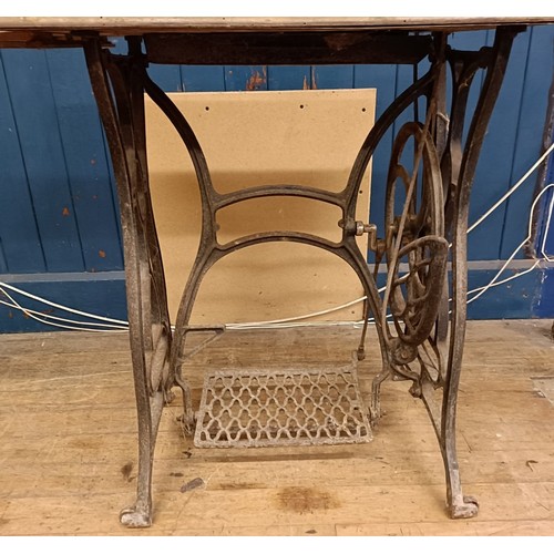 83 - A C Marque De Fabrique Rochet sewing machine, on an iron treadle base, barn stored, 74 cm wide Prove... 