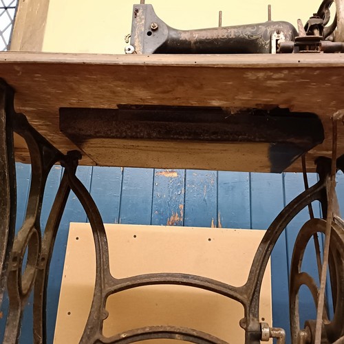 83 - A C Marque De Fabrique Rochet sewing machine, on an iron treadle base, barn stored, 74 cm wide Prove... 