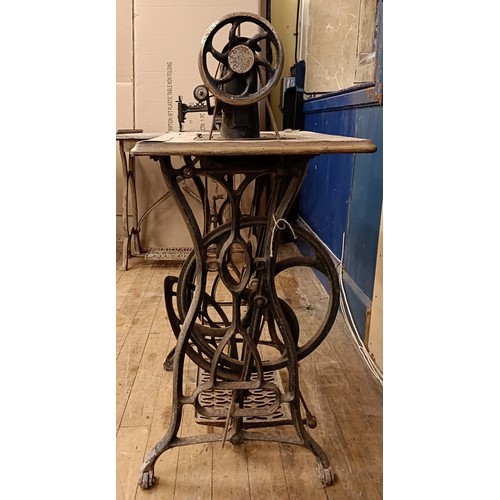 83 - A C Marque De Fabrique Rochet sewing machine, on an iron treadle base, barn stored, 74 cm wide Prove... 