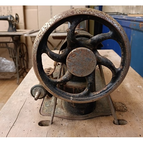 83 - A C Marque De Fabrique Rochet sewing machine, on an iron treadle base, barn stored, 74 cm wide Prove... 