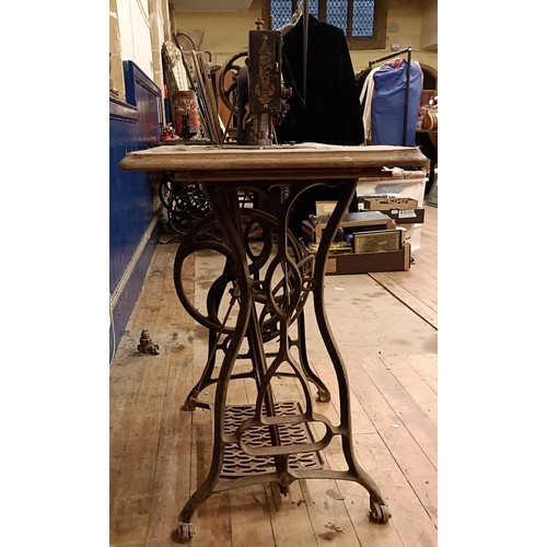 83 - A C Marque De Fabrique Rochet sewing machine, on an iron treadle base, barn stored, 74 cm wide Prove... 