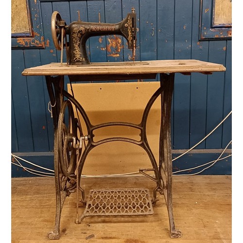 83 - A C Marque De Fabrique Rochet sewing machine, on an iron treadle base, barn stored, 74 cm wide Prove... 