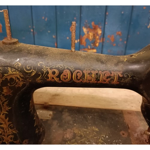 83 - A C Marque De Fabrique Rochet sewing machine, on an iron treadle base, barn stored, 74 cm wide Prove... 