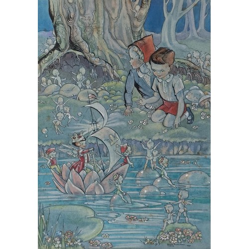 235 - Joyce Plumstead Land (British 1907-1986), Royal Barge, with a fairy queen riding a flower, with two ... 