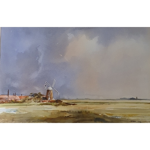 304 - Kenneth Lidd, landscape with a windmill, watercolour, 34 x 52 cm