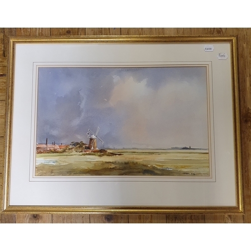 304 - Kenneth Lidd, landscape with a windmill, watercolour, 34 x 52 cm