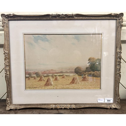 305 - George Oyston, landscape with haystacks, watercolour, signed, 27 x 36 cm