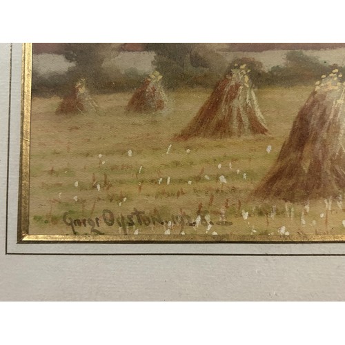 305 - George Oyston, landscape with haystacks, watercolour, signed, 27 x 36 cm