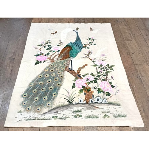 140 - An embroidered panel, decorated peacock, 160 x 124 cm