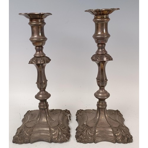 512 - A pair of George III style silver plated candlesticks, 30 cm high (2)