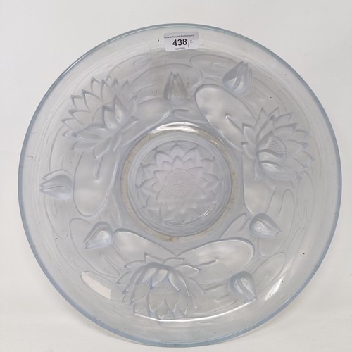 438 - An Art Nouveau style blue glass bowl, decorated lilies, 35 cm diameter, and a similar bowl, decorate... 