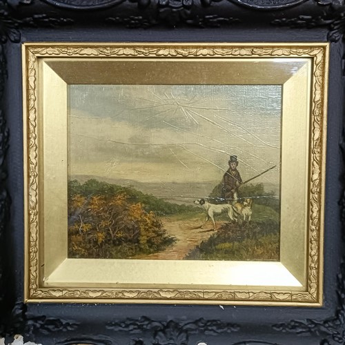 324 - Late 19th/early 20th century, English school, a huntsman with his dogs, oil on panel, 15 x 18 cm, an... 