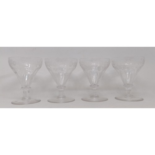 516 - A set of six wine glasses, with conical bowls and cut swag decoration, a set of six wine glasses, wi... 