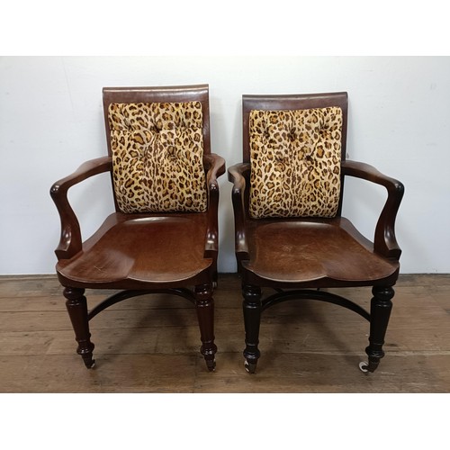 710 - A pair of 19th century mahogany desk chairs, with shaped seats and turned legs united by stretchers ... 