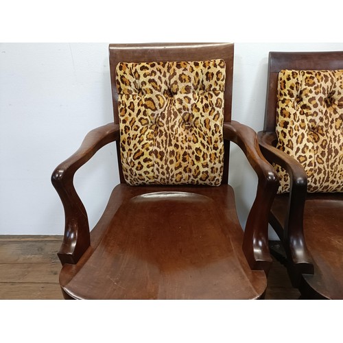 710 - A pair of 19th century mahogany desk chairs, with shaped seats and turned legs united by stretchers ... 