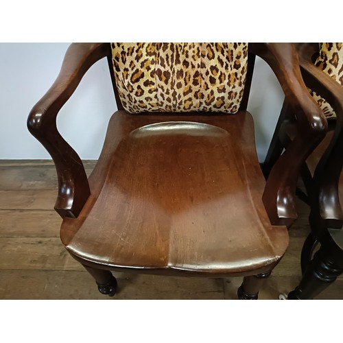 710 - A pair of 19th century mahogany desk chairs, with shaped seats and turned legs united by stretchers ... 