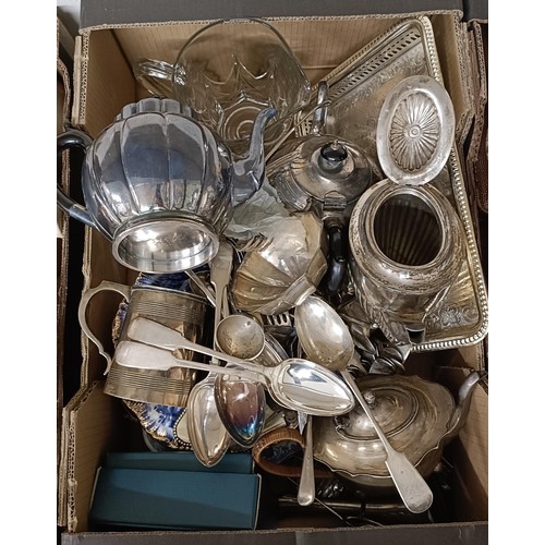 547 - A silver plated teapot, assorted silver plate, ceramics and other items (5 boxes)