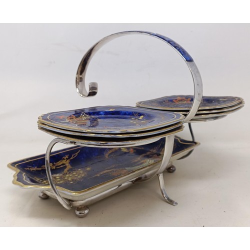 550 - An Art Deco sandwich set, on a silver plated stand, a carriage clock, and assorted silver plate (box... 