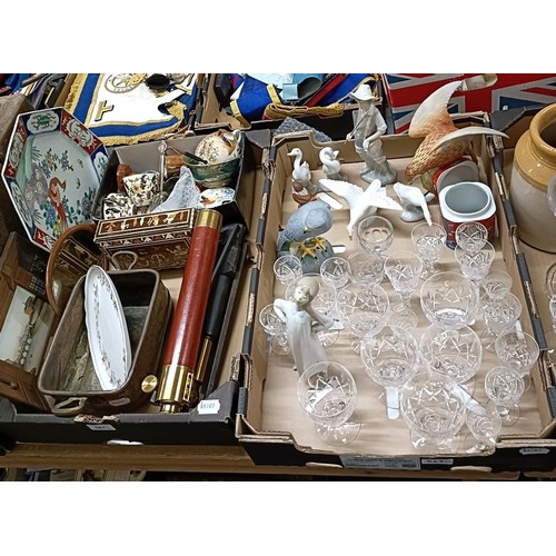 567 - A Lladro figure of a fisherman, a telescope and assorted other items (3 boxes)