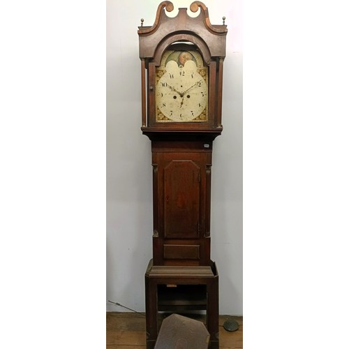 727 - A longcase clock, the arched square painted dial with a phase of the moon, in need of restoration